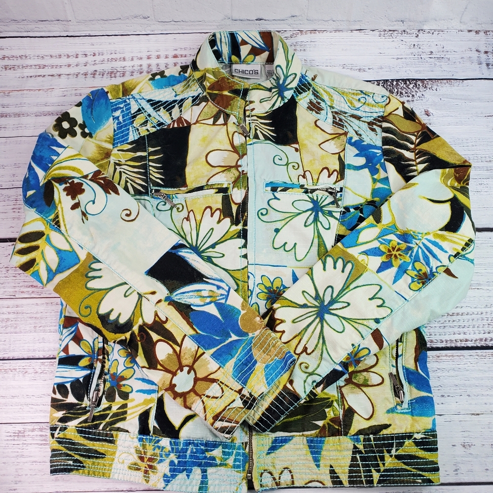 Chicos Y2Y Floral Print Zip Up Lightweight Bomber Jacket Size 0